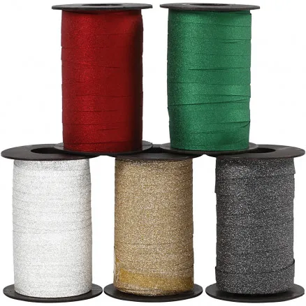Cinta de regalo, colores surtidos, A: 10 mm, brillo, 100 m/ 5 uds.