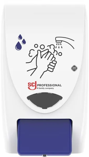 Dispensador Deb Stoko Cleanse Light para jabón en crema con efecto limpiador, plástico blanco con botón azul, 2 L